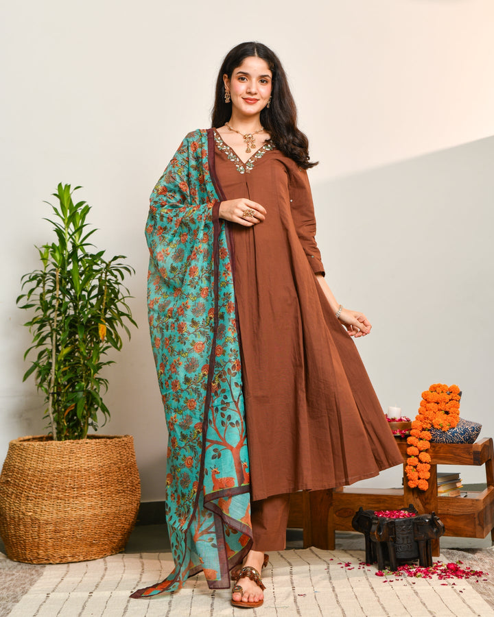 Brown-A-Line-Cotton-3-Piece-Kurta-Set