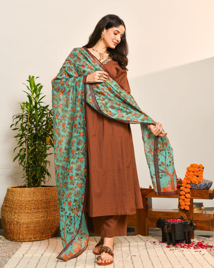 Brown A Line Cotton 3-Piece Kurta Set