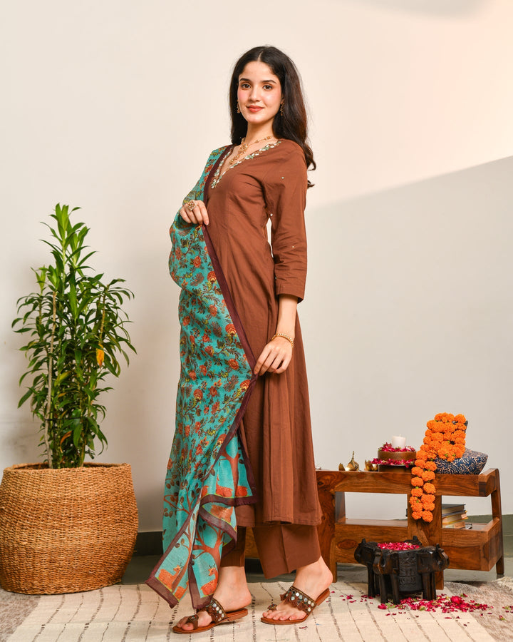 Brown A Line Cotton 3-Piece Kurta Set