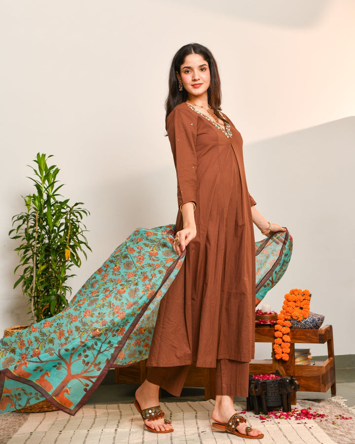 Brown A Line Cotton 3-Piece Kurta Set