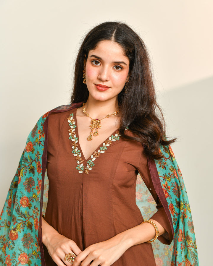Brown A Line Cotton 3-Piece Kurta Set
