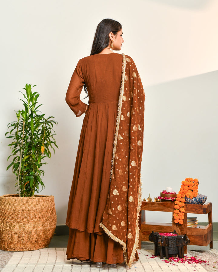 Brown Viscose Embroidered 3-Piece Kurta Set