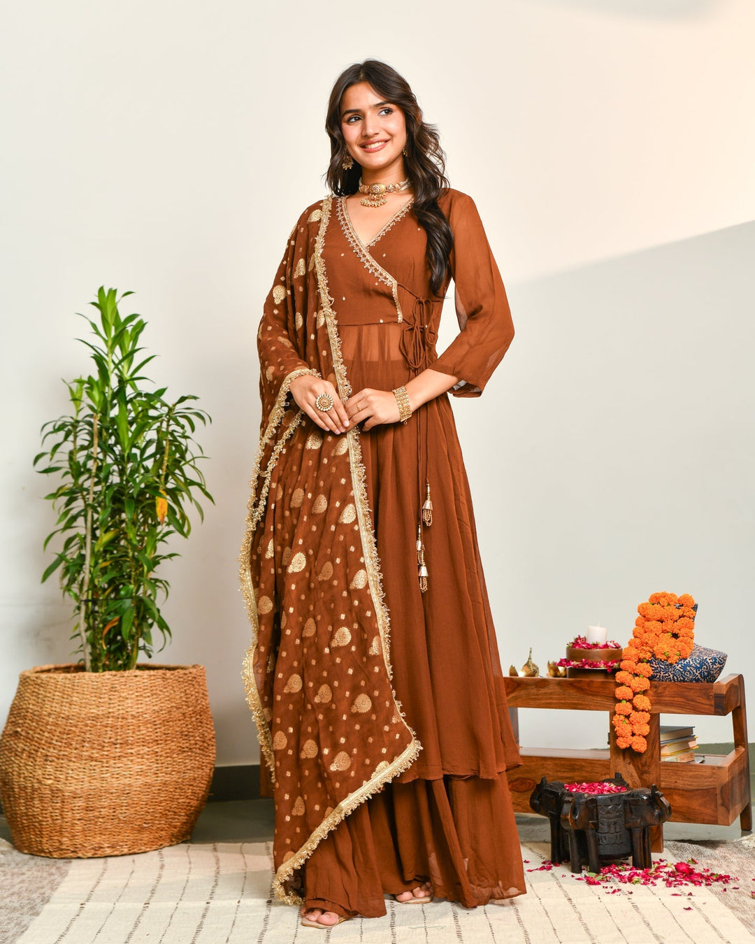 Brown Viscose Embroidered 3-Piece Kurta Set