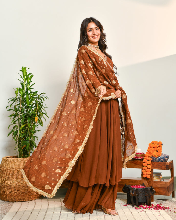 Brown Viscose Embroidered 3-Piece Kurta Set