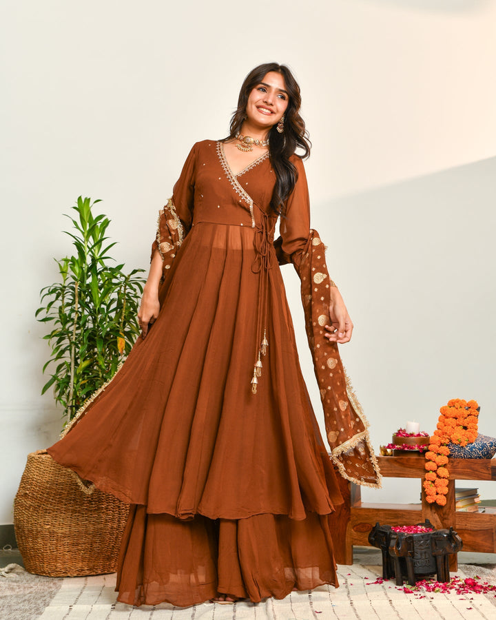 Brown Viscose Embroidered 3-Piece Kurta Set