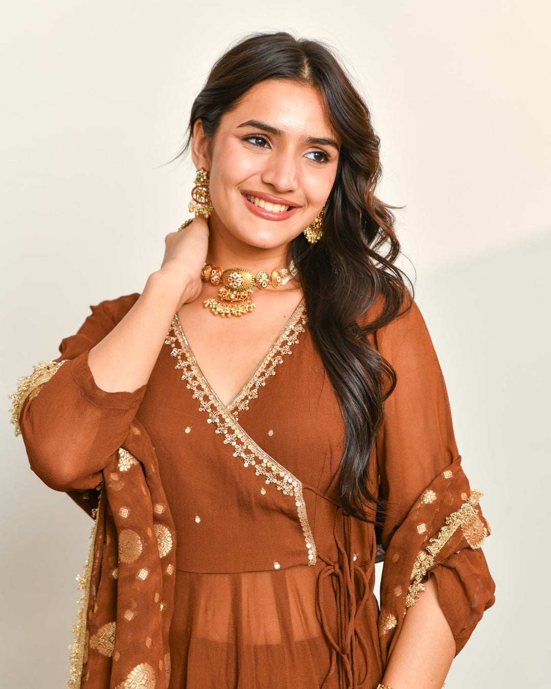 Brown Viscose Embroidered 3-Piece Kurta Set