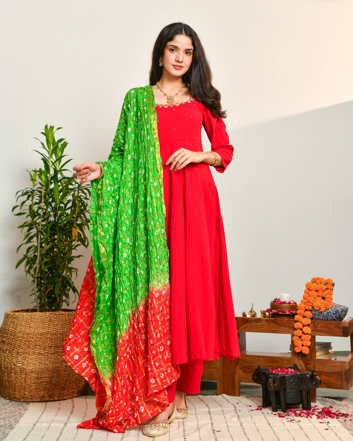 Rayon-Red-Anarkali-3-Piece-Set