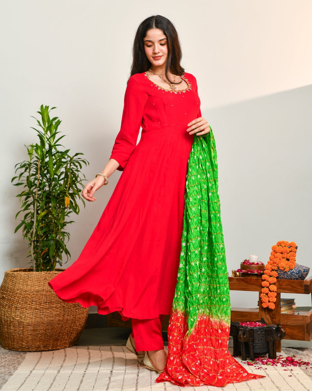 Rayon Red Anarkali 3-Piece Set