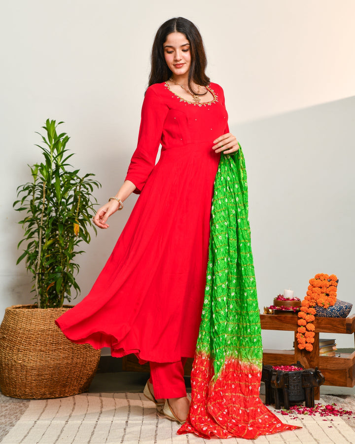 Rayon Red Anarkali 3-Piece Set