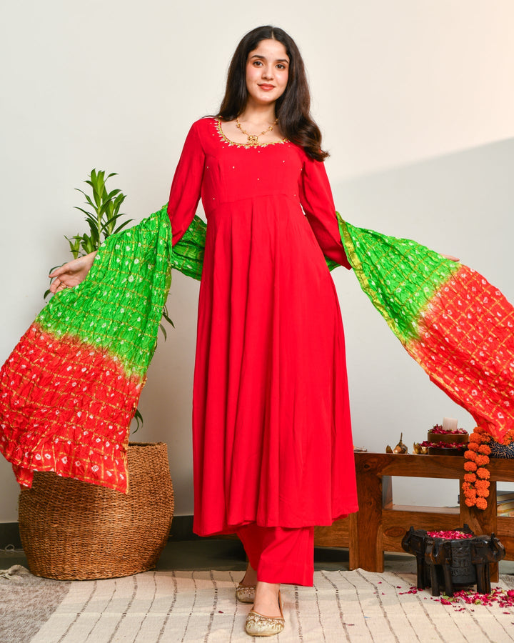 Rayon Red Anarkali 3-Piece Set