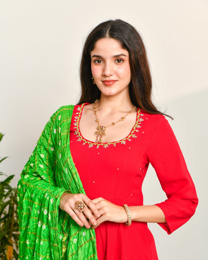 Rayon Red Anarkali 3-Piece Set