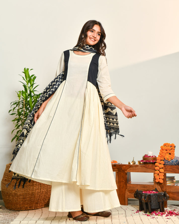 Ivory Black Cotton Ikat 3-Piece Kurta Set