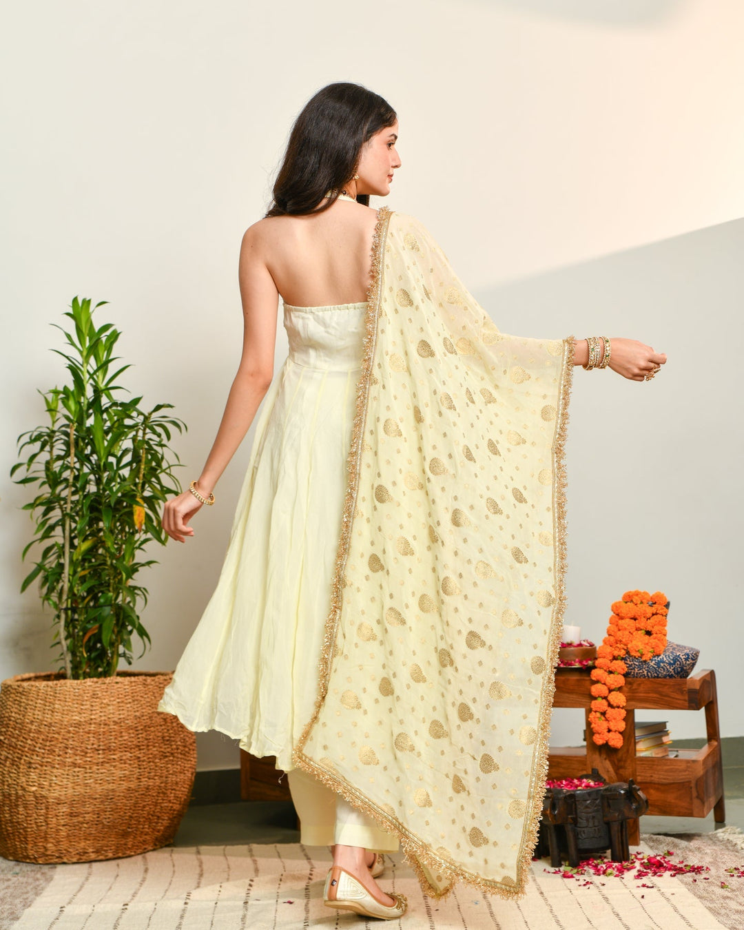 Off-White Viscose Anarkali 3-Piece Set