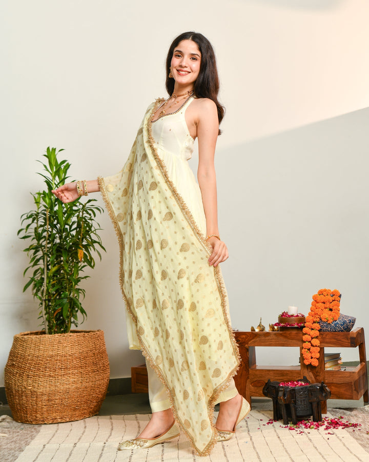 Off-White Viscose Anarkali 3-Piece Set