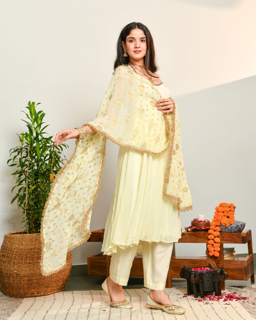 Off-White Viscose Anarkali 3-Piece Set