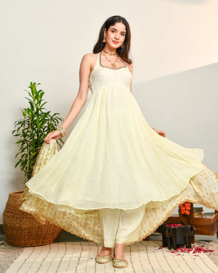 Off-White Viscose Anarkali 3-Piece Set