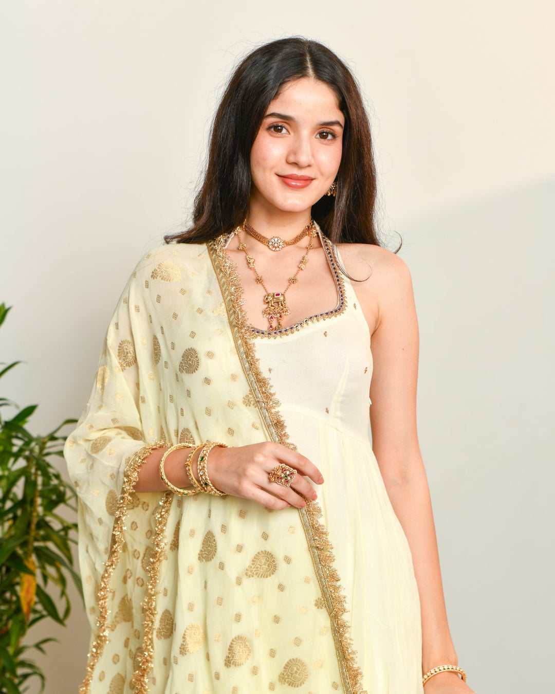 Off-White Viscose Anarkali 3-Piece Set