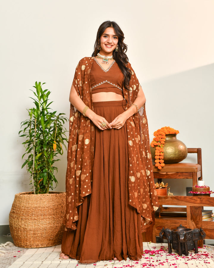 Brown-Viscose-Anarkali-Lehenga-Set