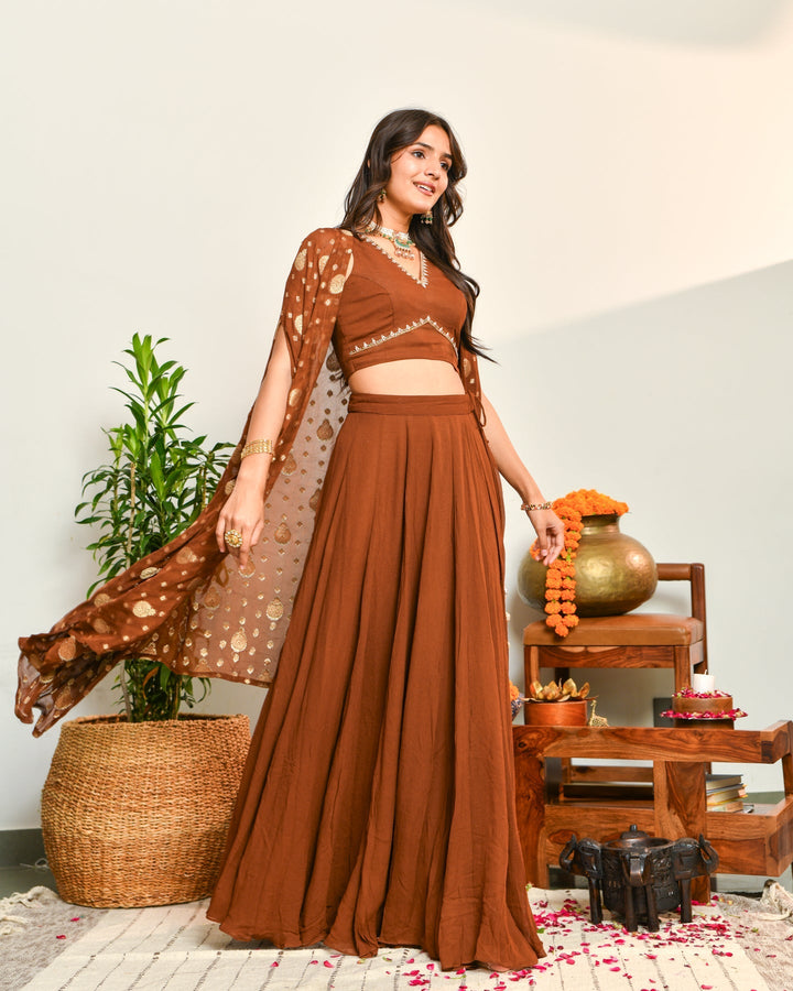 Brown Viscose Anarkali Lehenga Set