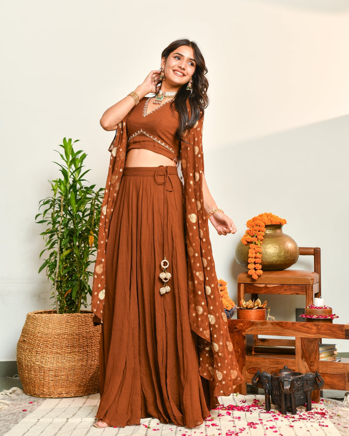 Brown Viscose Anarkali Lehenga Set