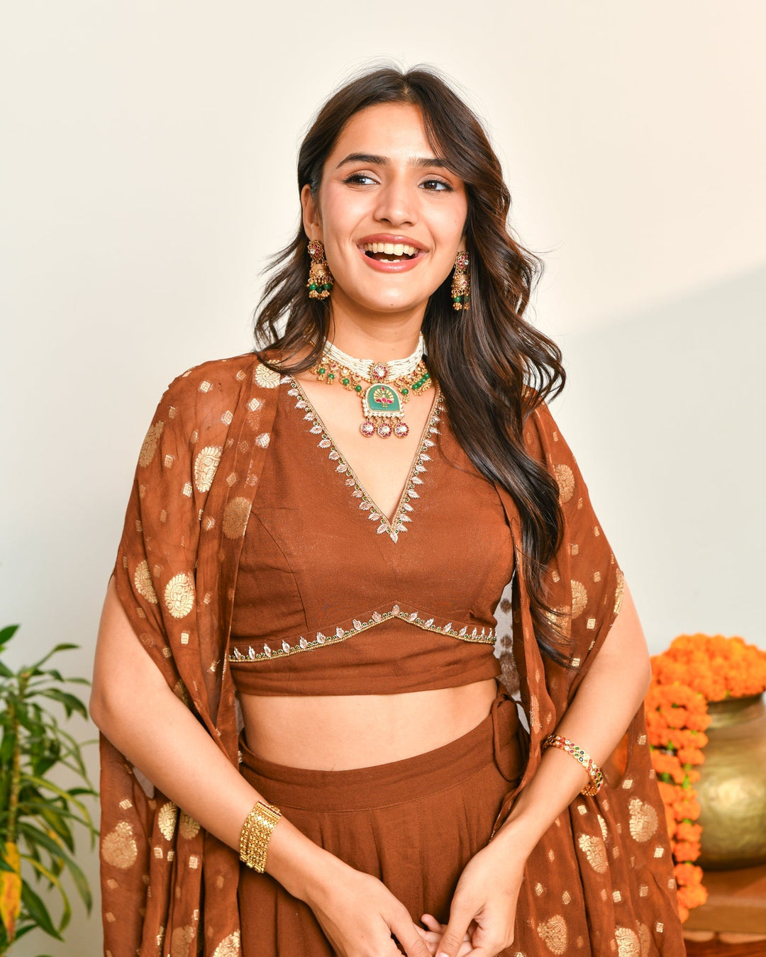 Brown Viscose Anarkali Lehenga Set