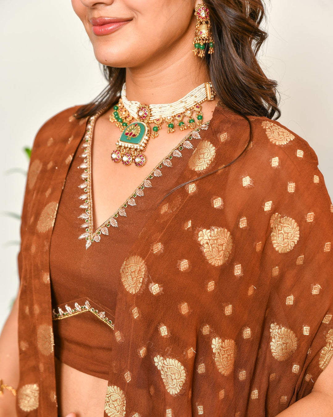 Brown Viscose Anarkali Lehenga Set