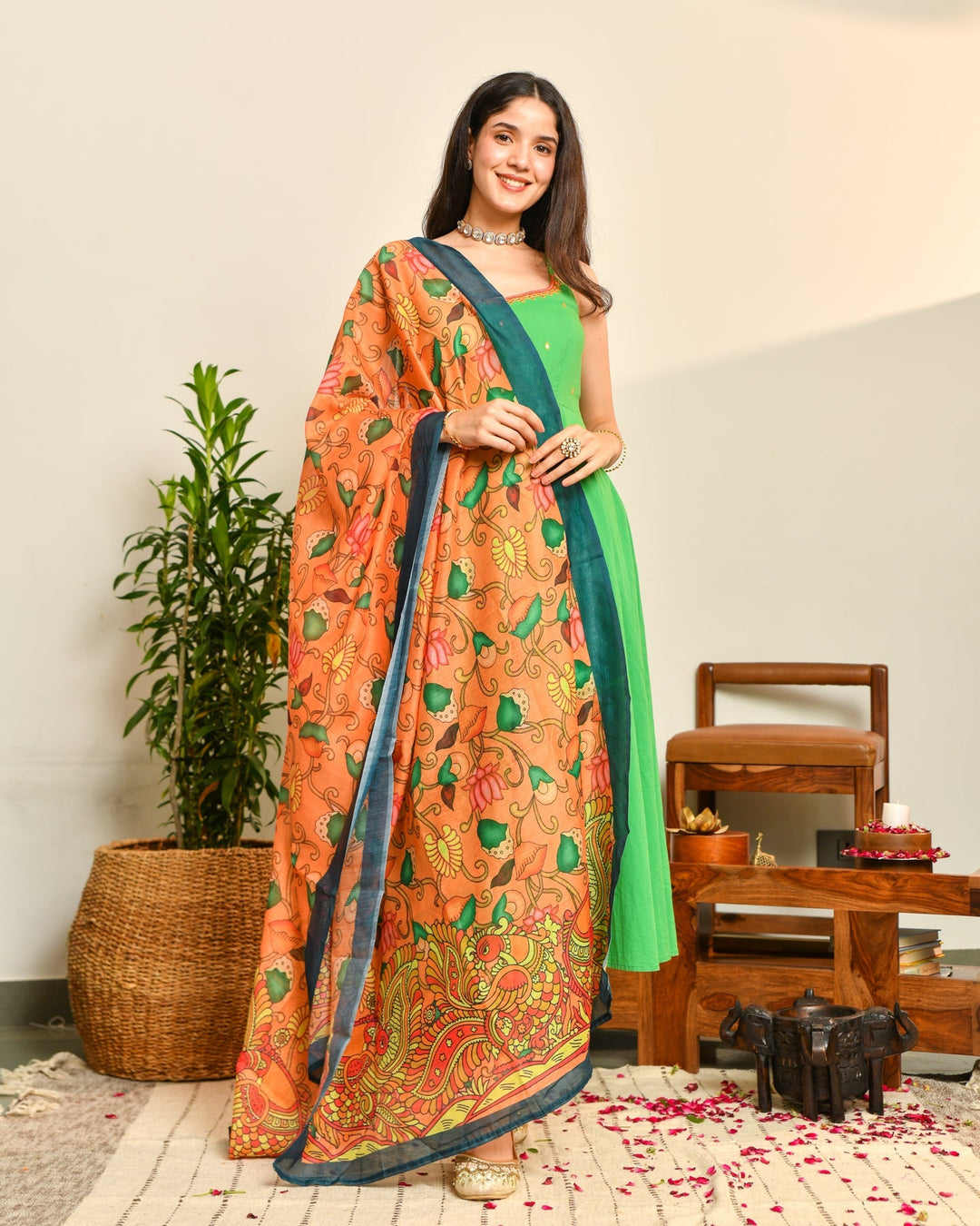 Green Cotton Anarkali 3-Piece Set