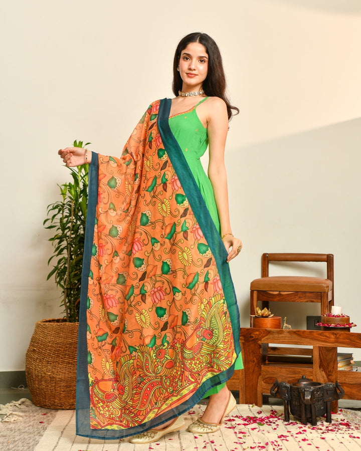 Green Cotton Anarkali 3-Piece Set