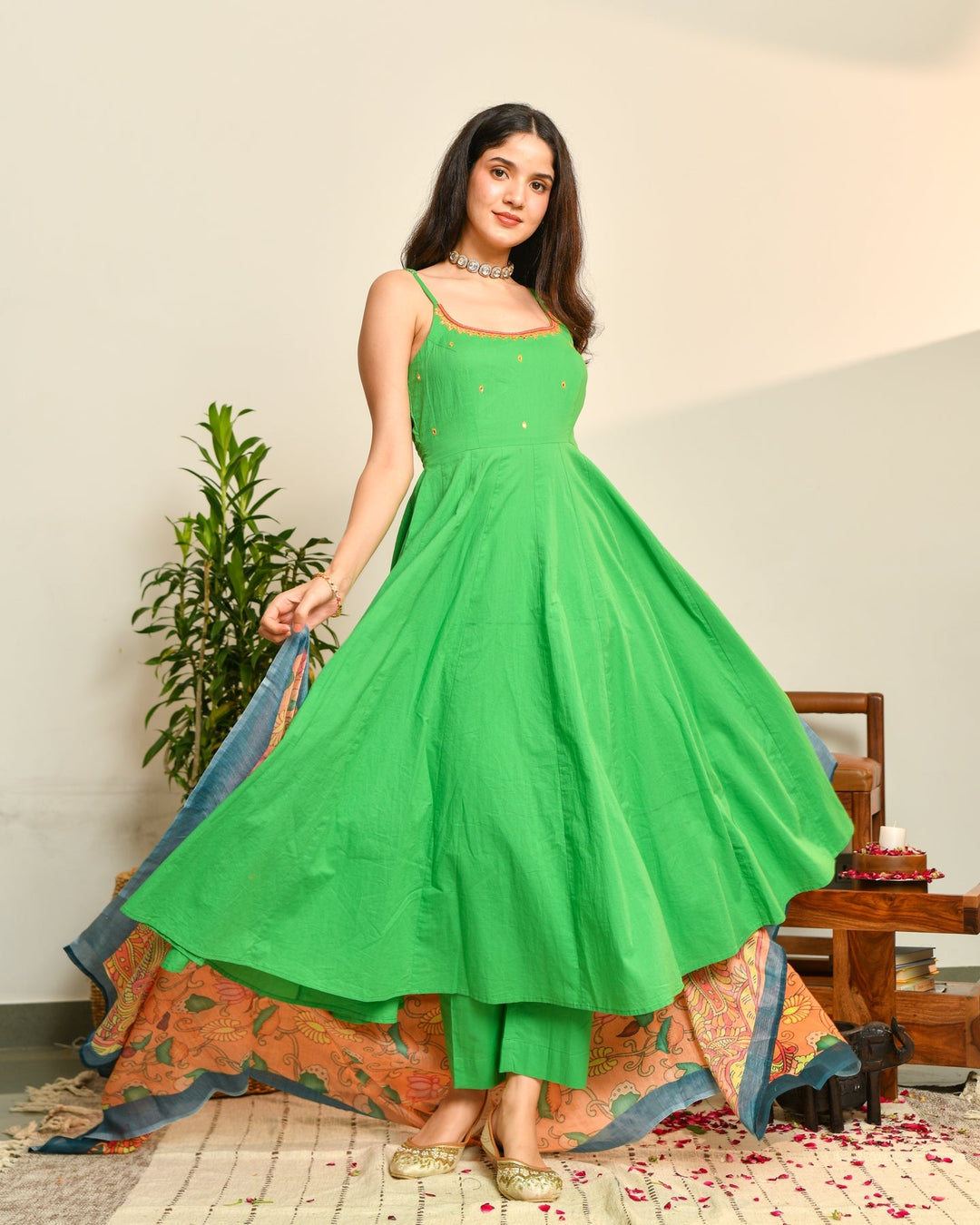 Green Cotton Anarkali 3-Piece Set