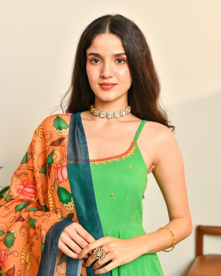 Green Cotton Anarkali 3-Piece Set