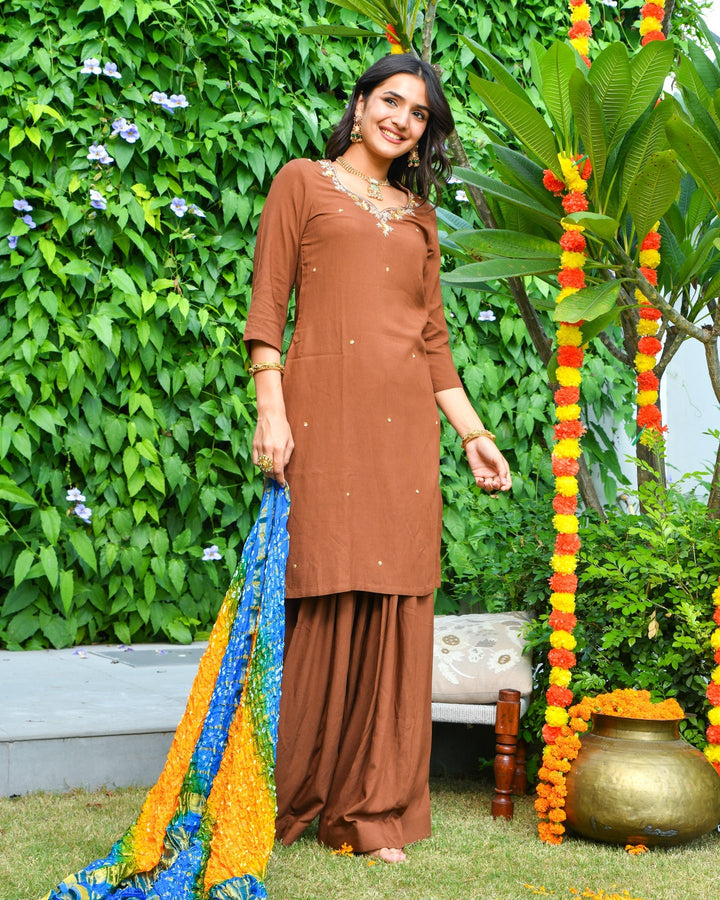 Rich Brown Rayon Straight 3-Piece Kurta Set