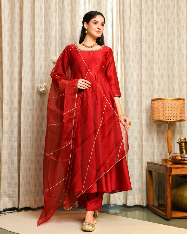 Maroon Anarkali 3-Piece Set