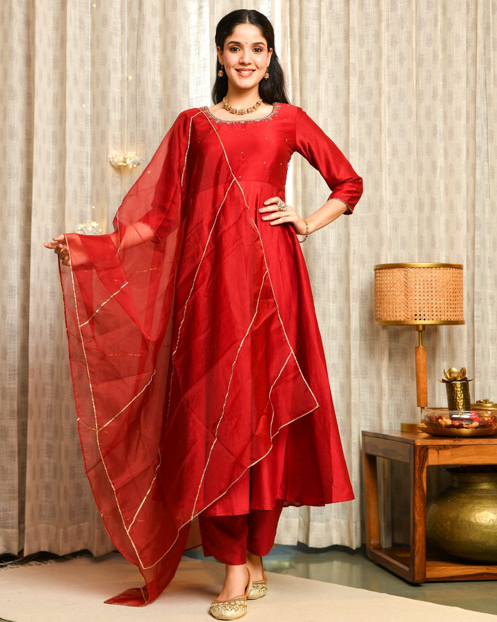 Maroon Anarkali 3-Piece Set