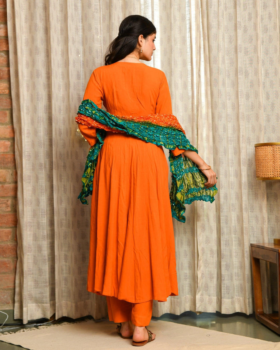 Orange Rayon Anarkali 3-Piece Set