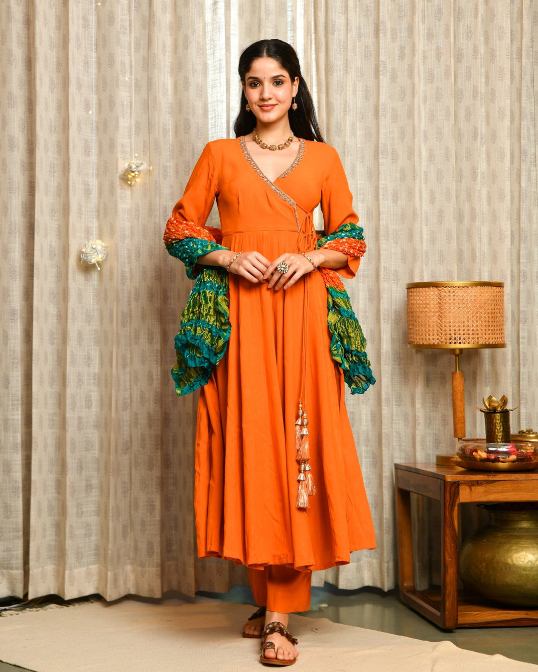 Orange Rayon Anarkali 3-Piece Set