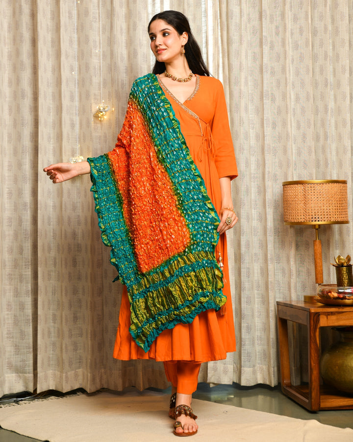 Orange Rayon Anarkali 3-Piece Set
