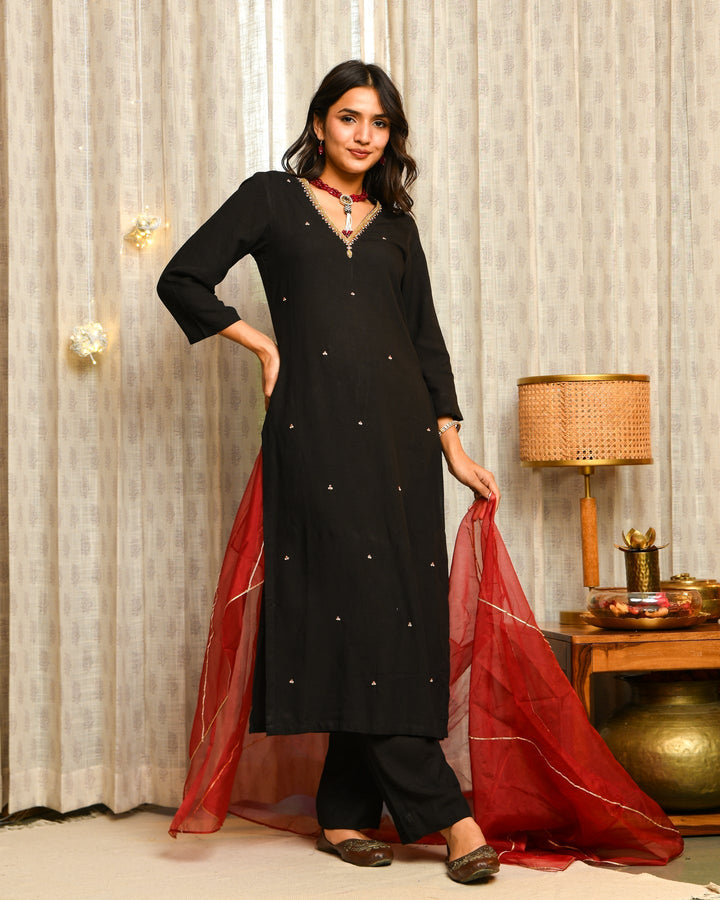 Black Rayon Straight 3-Piece Kurta Set
