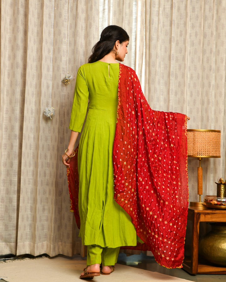 Green Rayon Anarkali 3-Piece Set