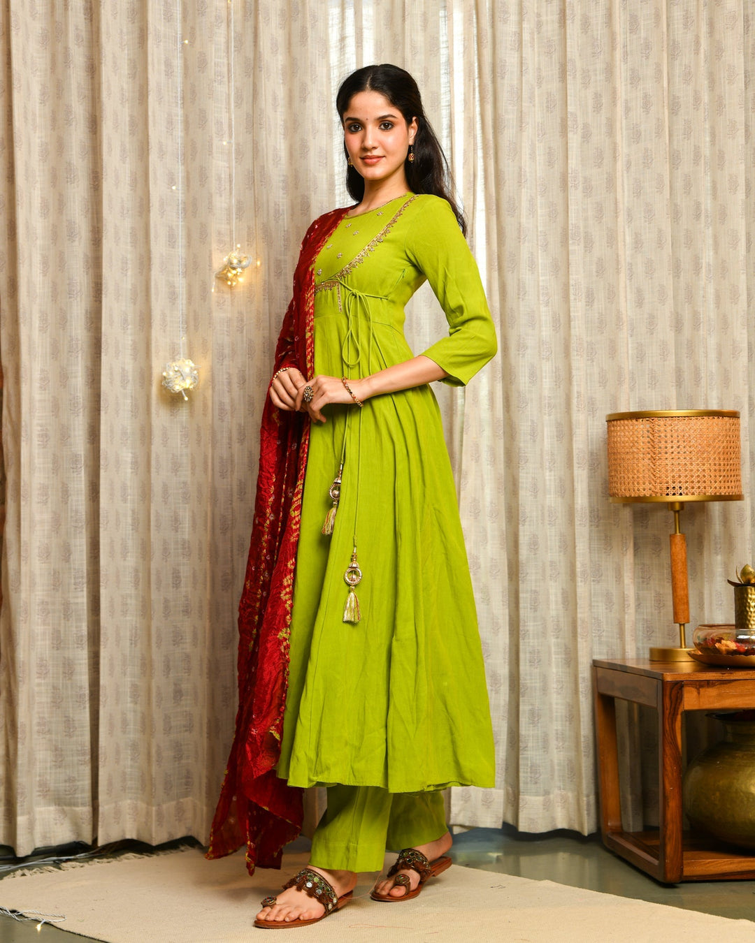Green Rayon Anarkali 3-Piece Set