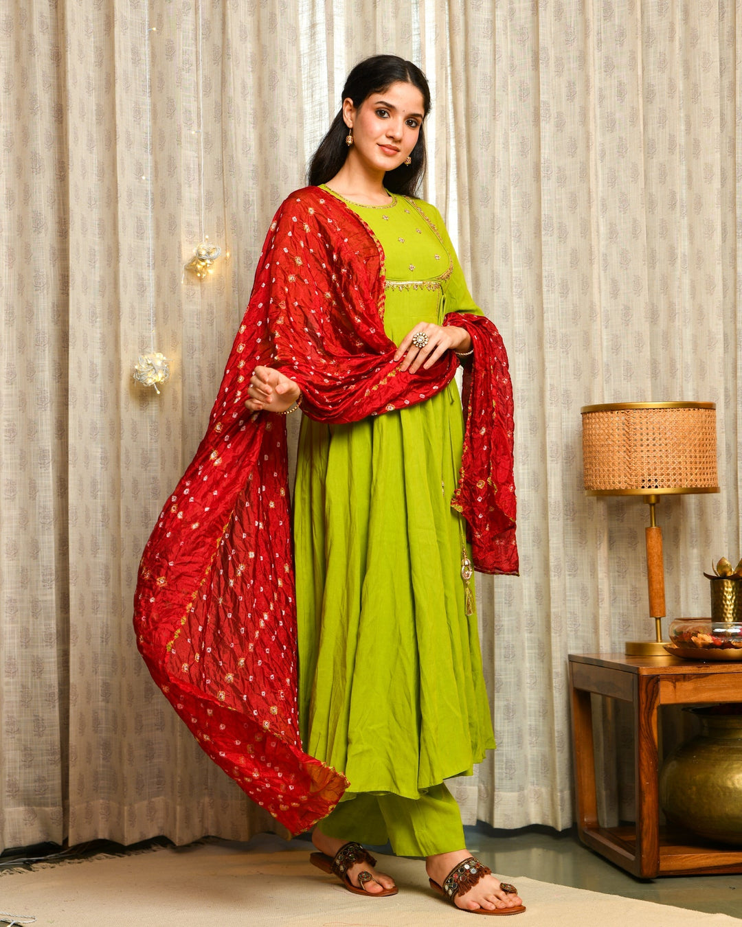 Green Rayon Anarkali 3-Piece Set