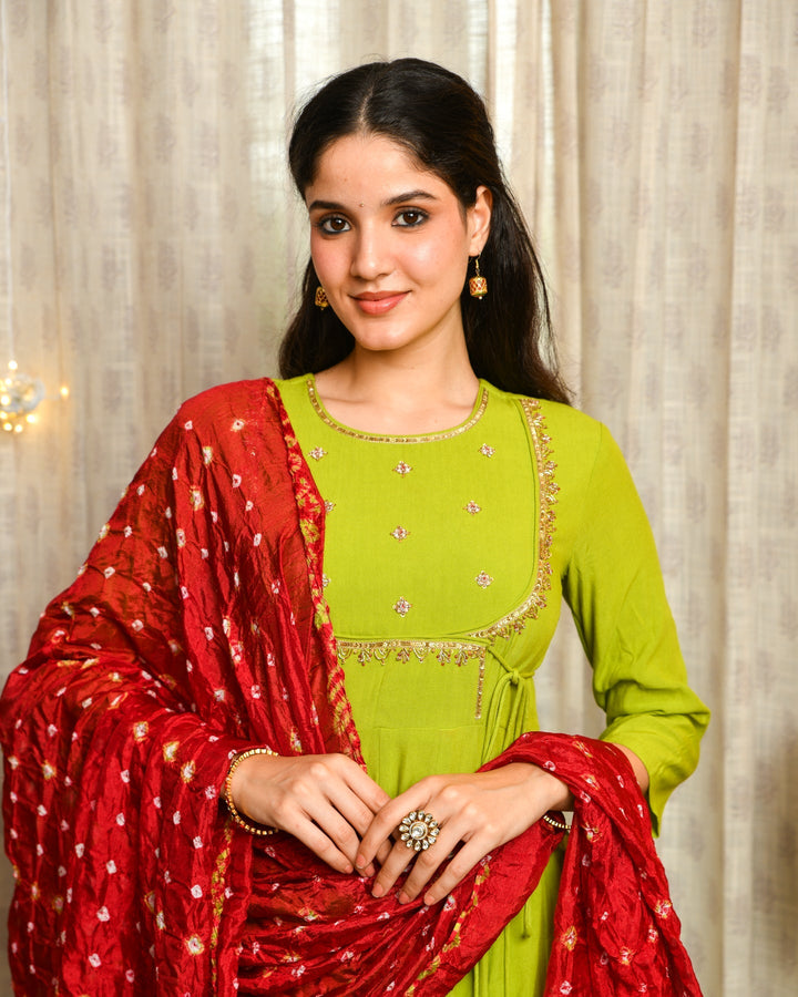 Green Rayon Anarkali 3-Piece Set