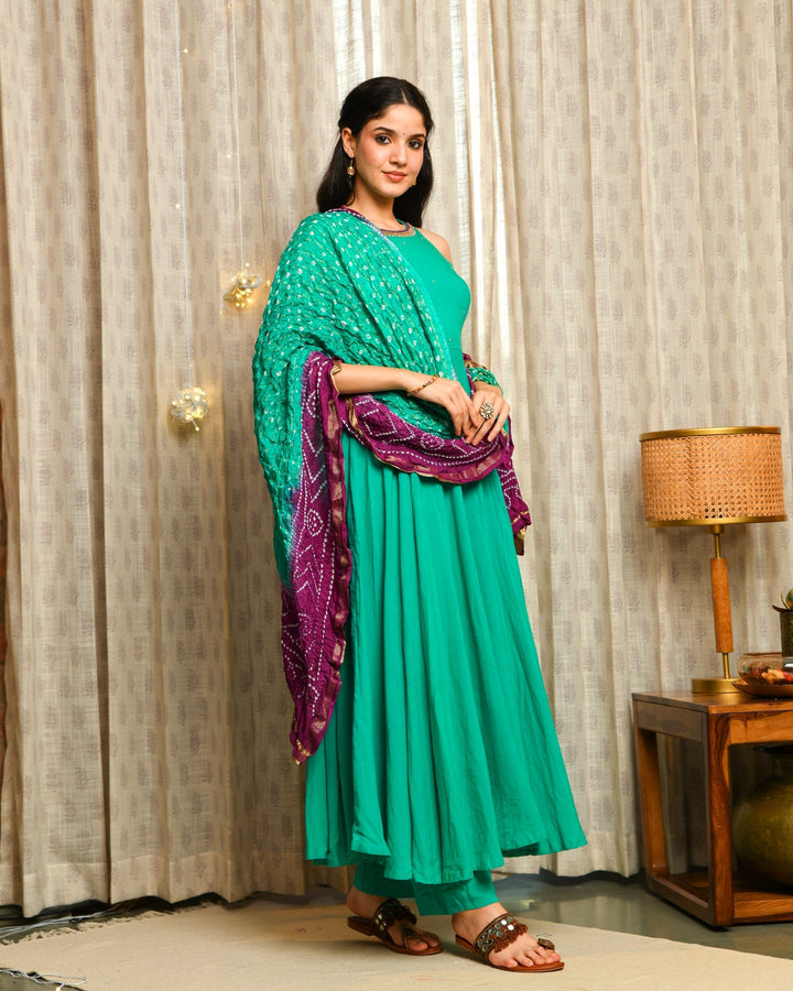 Turquoise Blue Anarkali 3-Piece Set