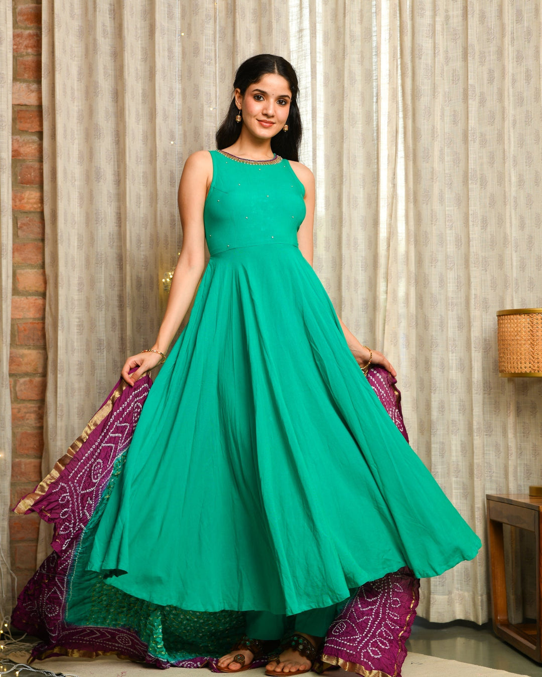 Turquoise Blue Anarkali 3-Piece Set