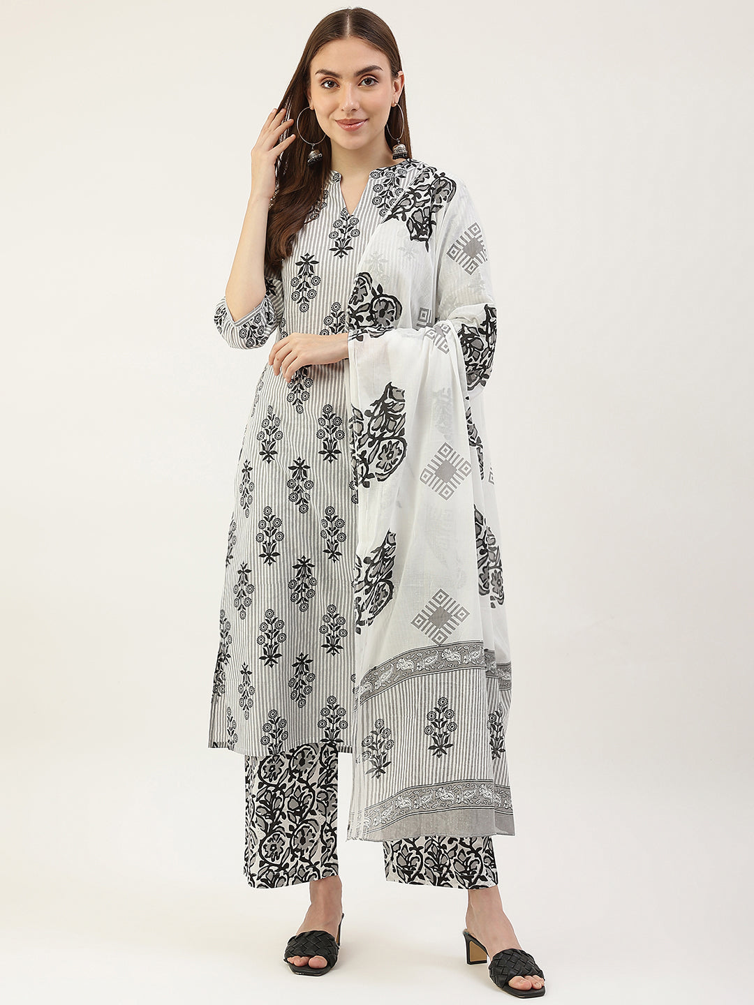 White-&-Black-Pure-Cotton-3-Piece-Kurta-Set