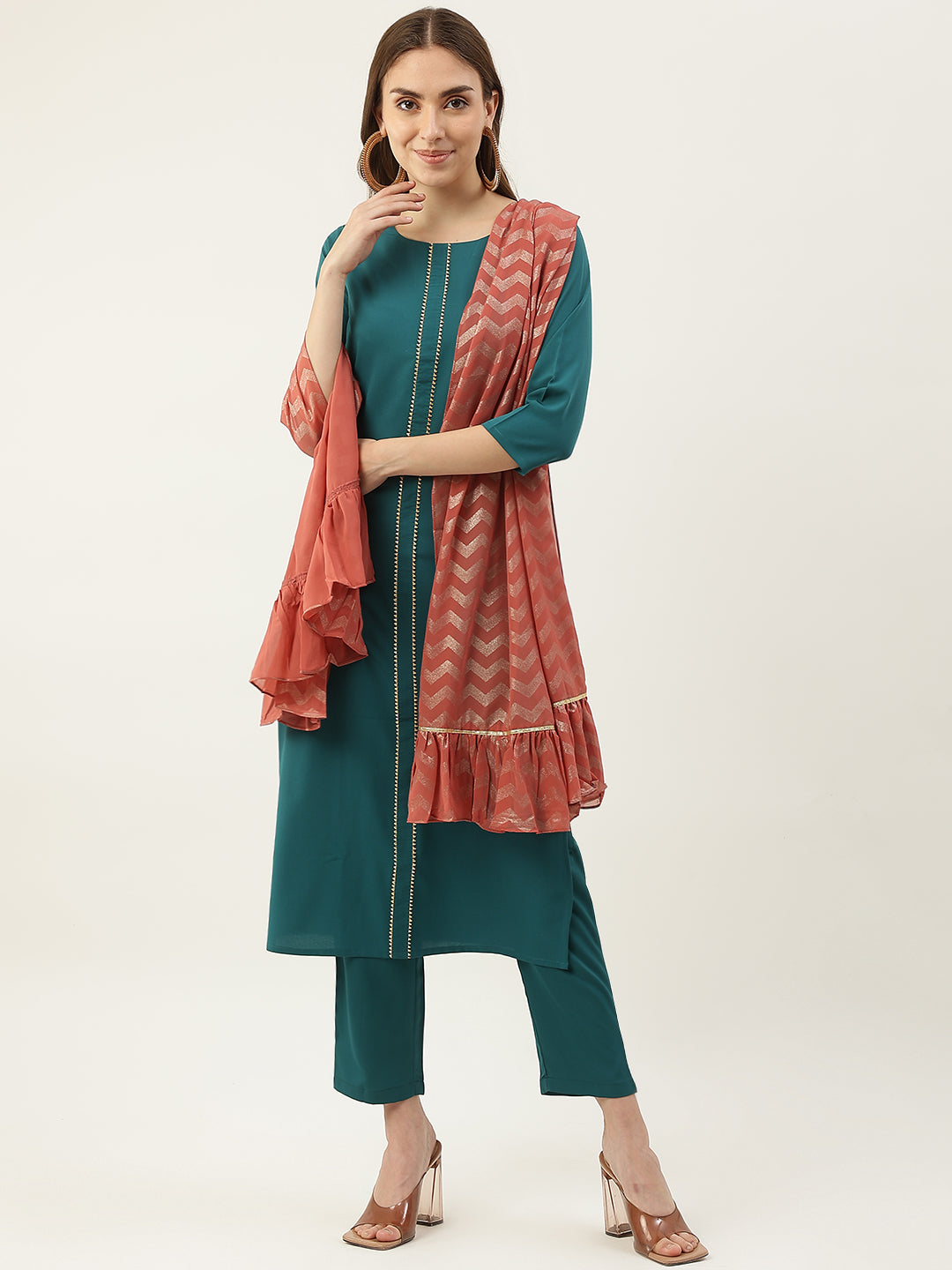 Teal-Blue-Poly-Crepe-Straight-3-Piece-Kurta-Set