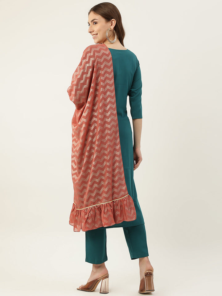 Teal-Blue-Poly-Crepe-Straight-3-Piece-Kurta-Set
