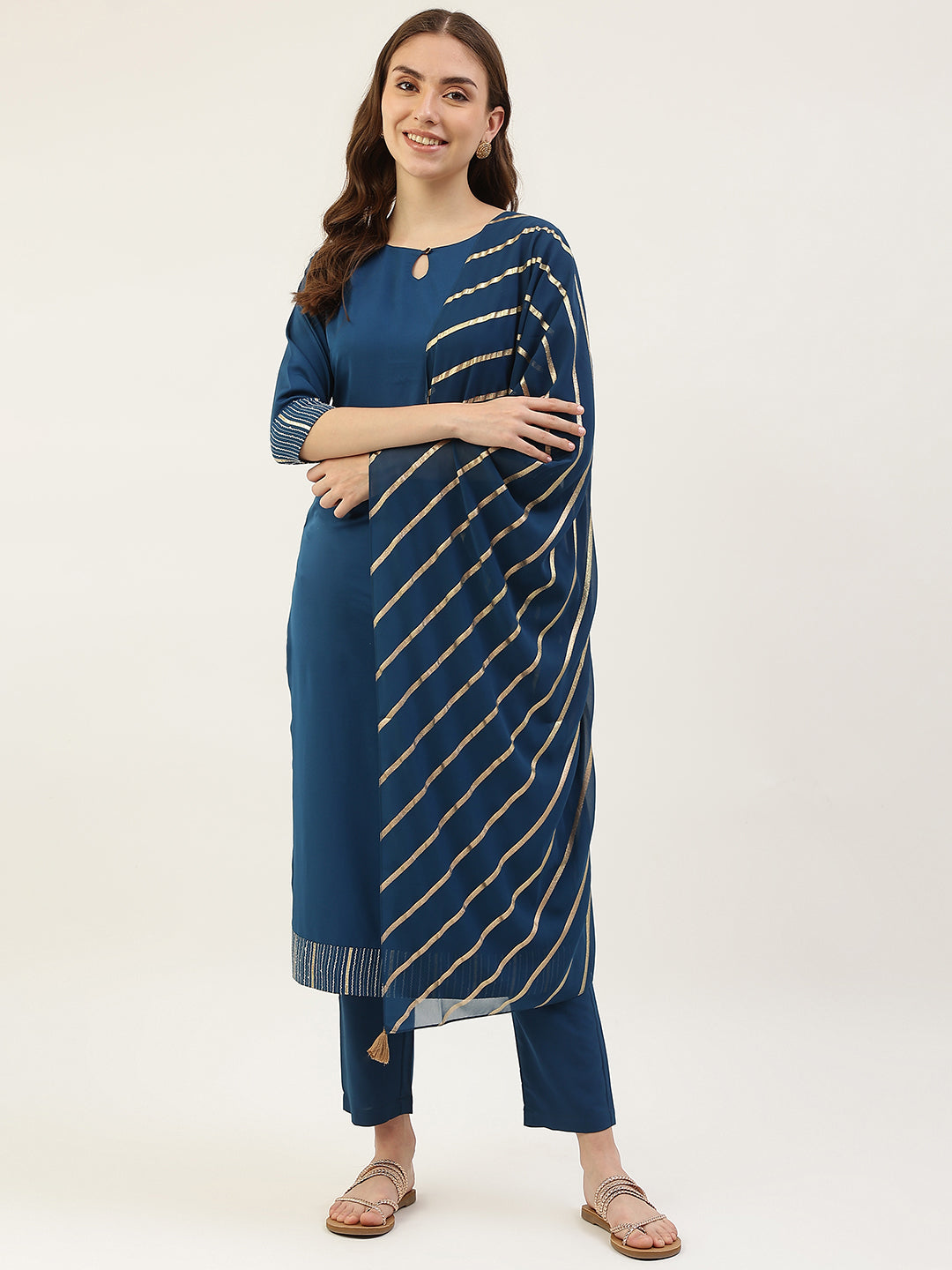Teal-Blue-Poly-Crepe-Straight-3-Piece-Kurta-Set