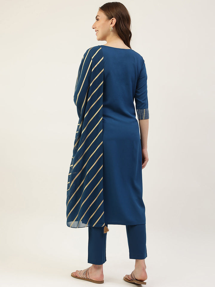 Teal-Blue-Poly-Crepe-Straight-3-Piece-Kurta-Set