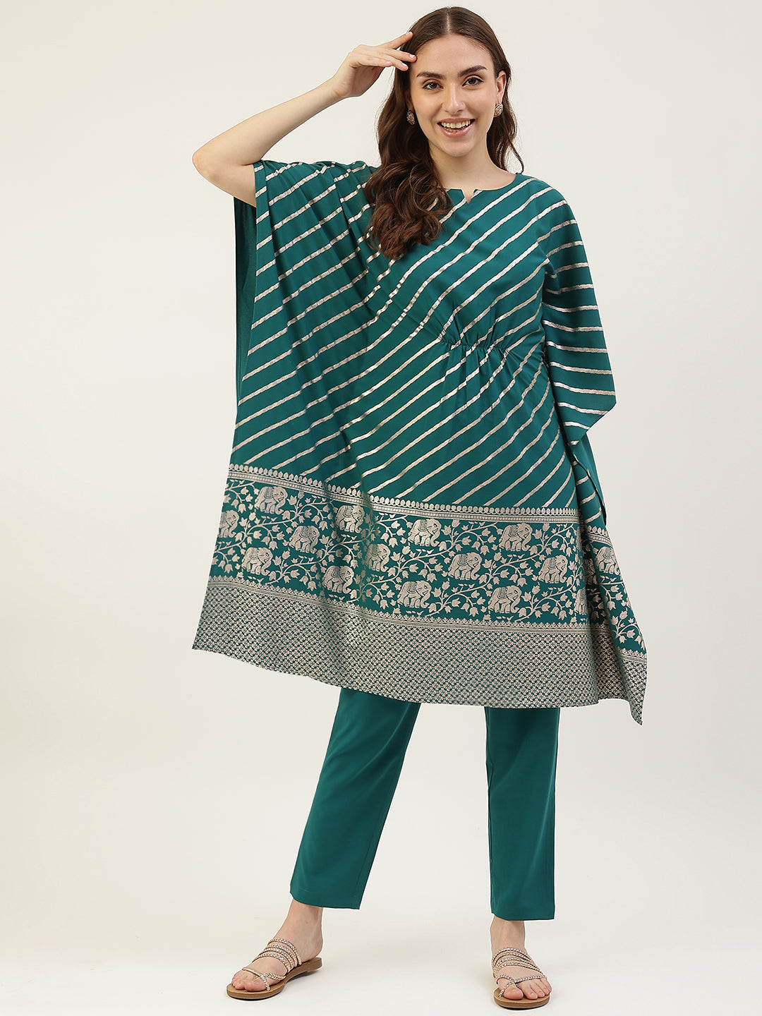 Teal-Blue-Poly-Crepe-Kaftan-Set