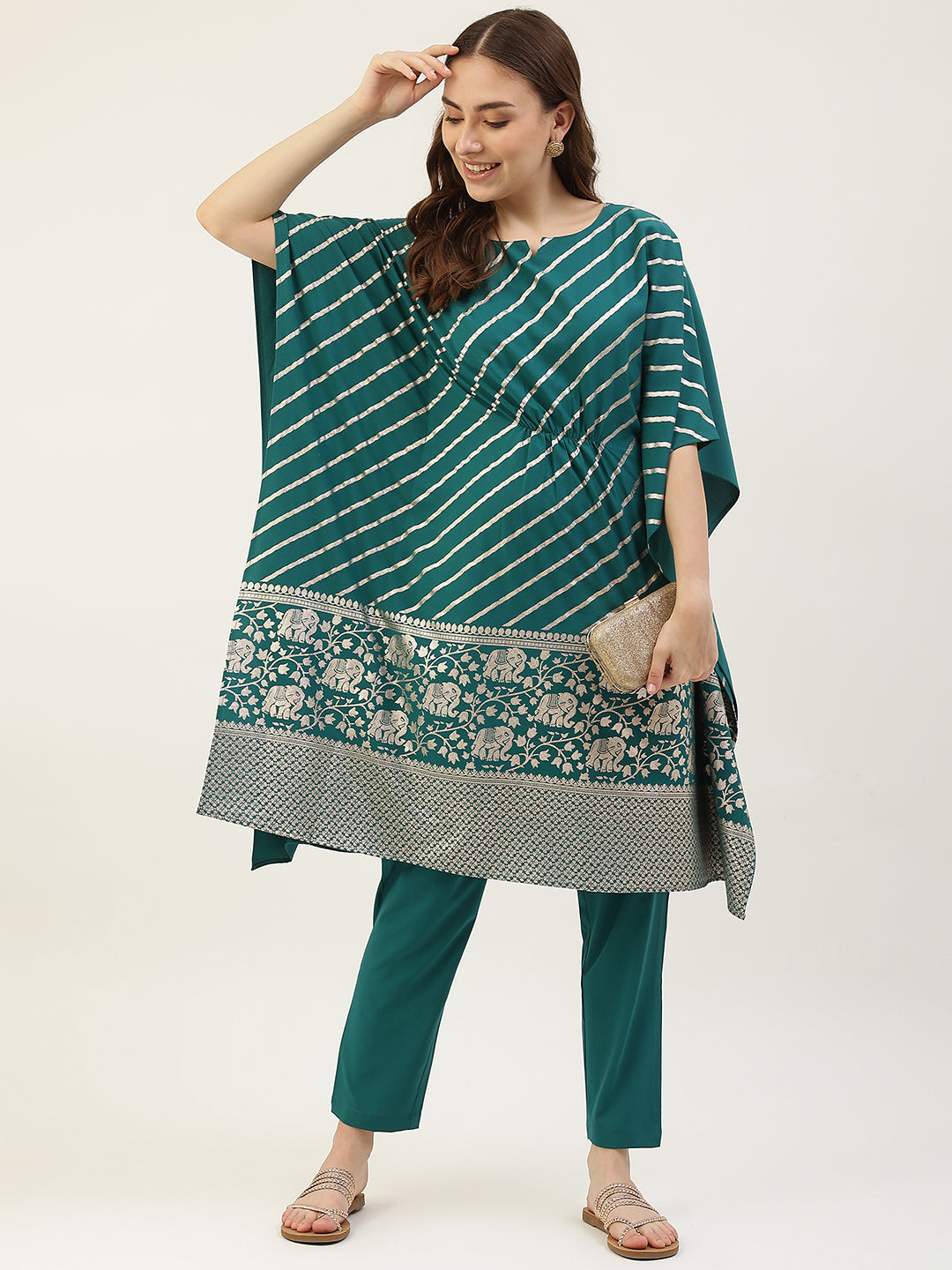 Teal-Blue-Poly-Crepe-Kaftan-Set